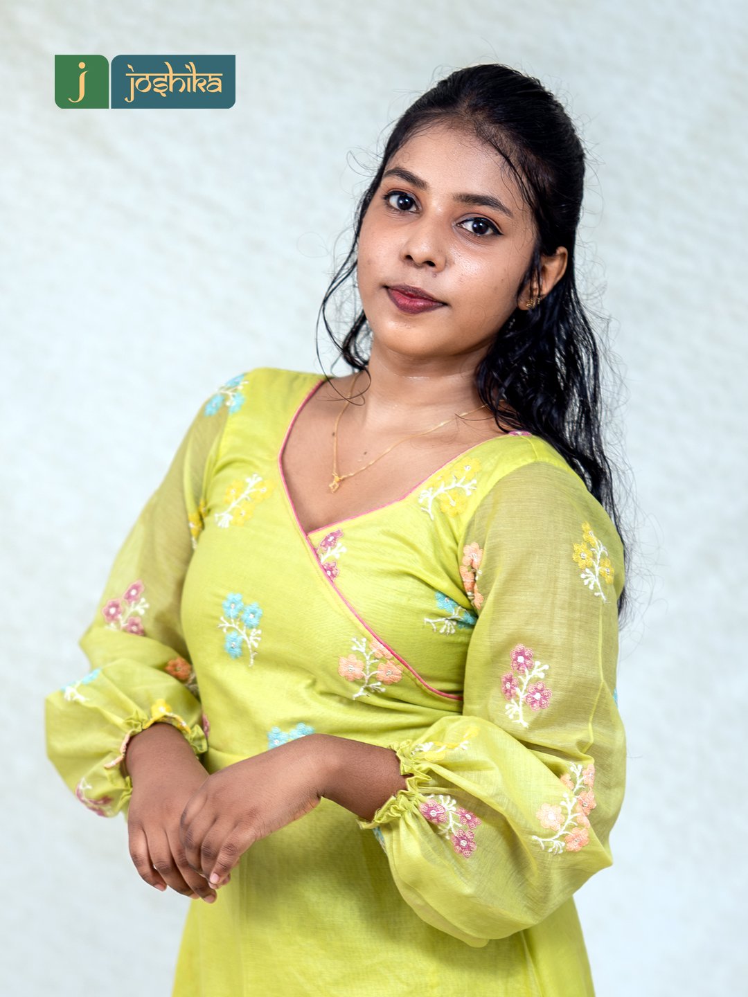 Embroidered Chanderi Western Short Frock in Lime Green - Image 5