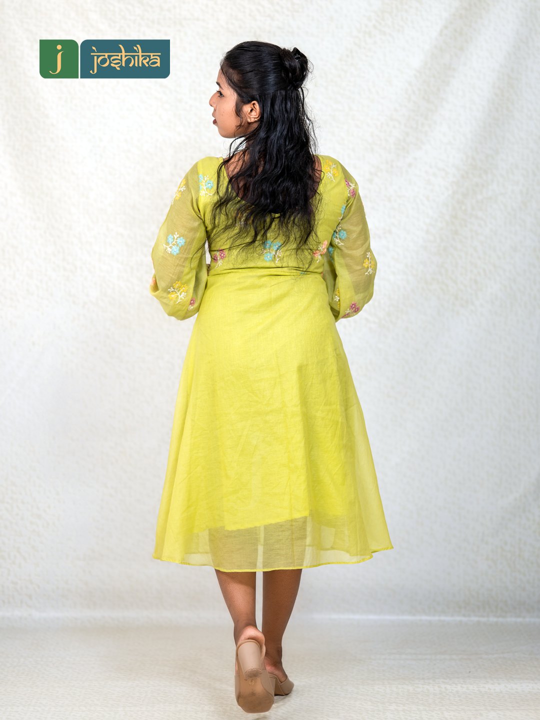 Embroidered Chanderi Western Short Frock in Lime Green - Image 6