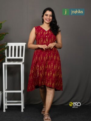 Red Asymmetrical Printed Sleeveless Cotton Kurta