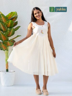 Sleeveless Cotton Floral Embroidered Pleated Midi Dress