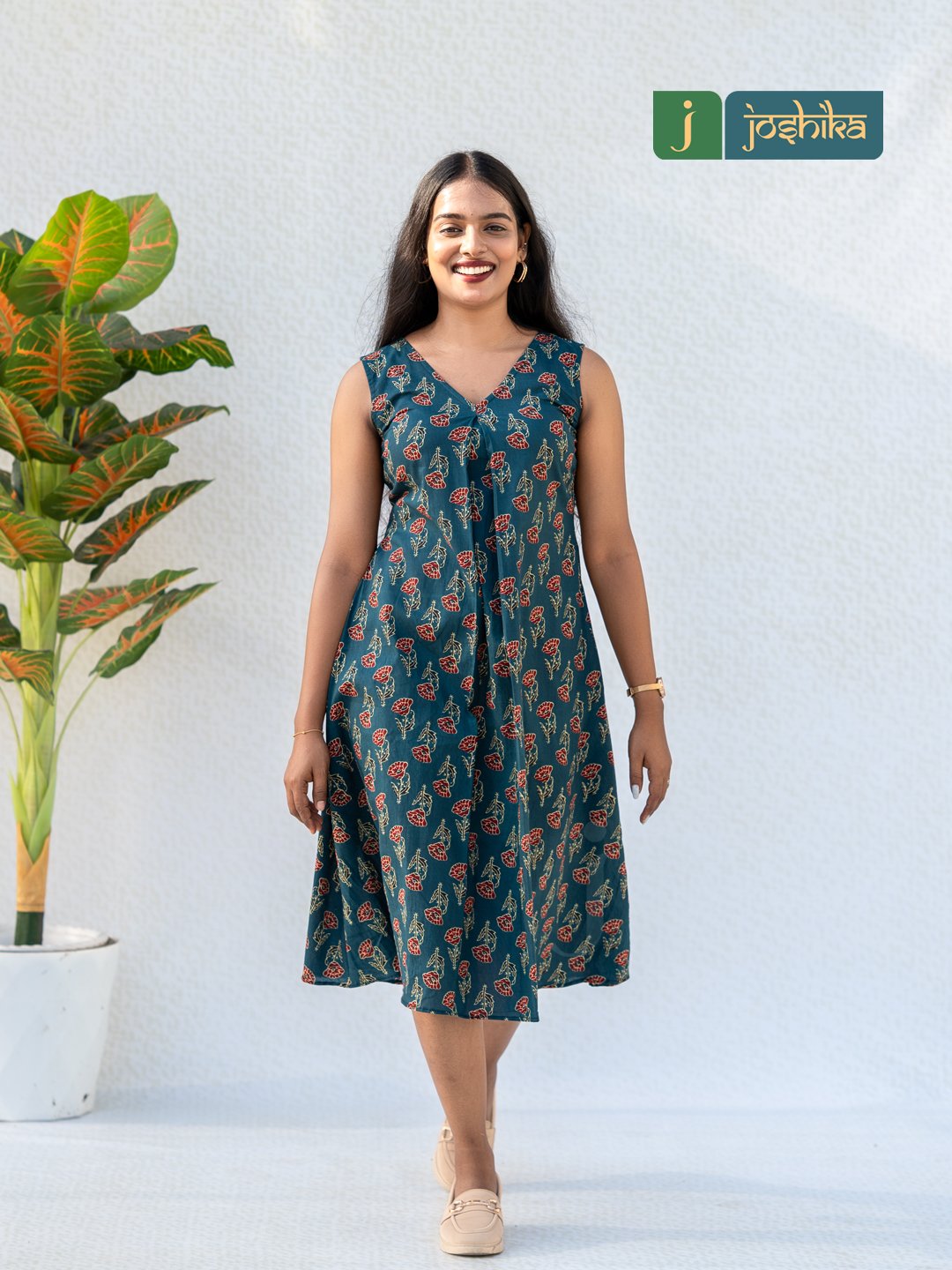 Teal Floral Print Sleeveless Cotton Midi Dress - Image 2