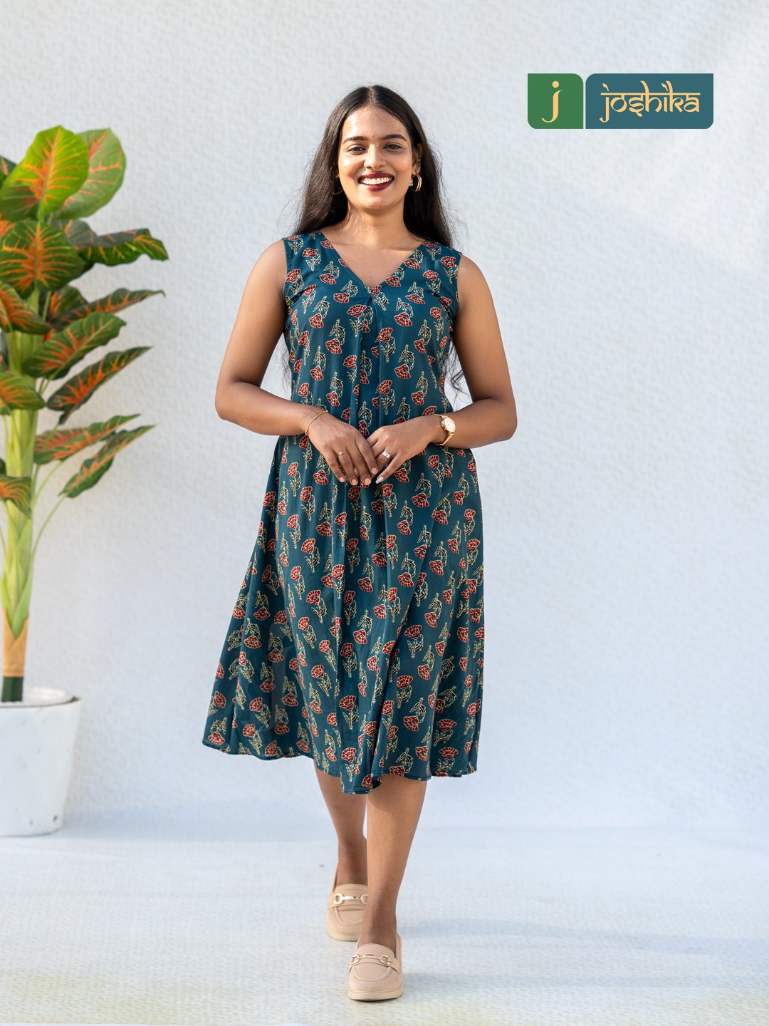 Teal Floral Print Sleeveless Cotton Midi Dress