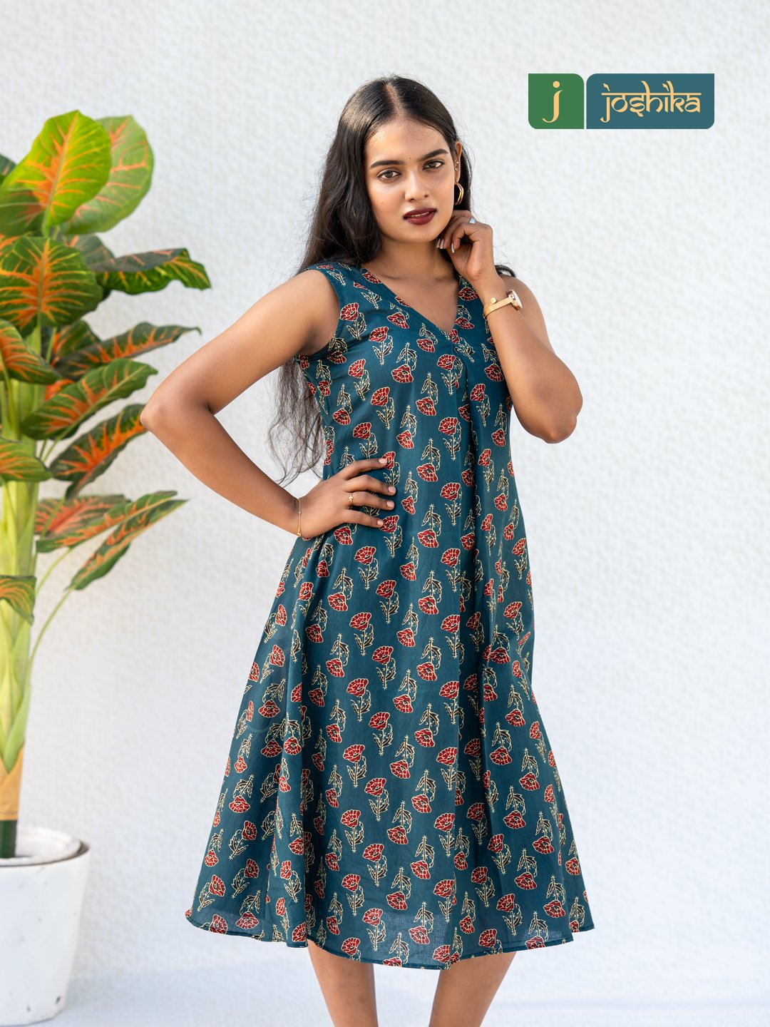 Teal Floral Print Sleeveless Cotton Midi Dress - Image 5