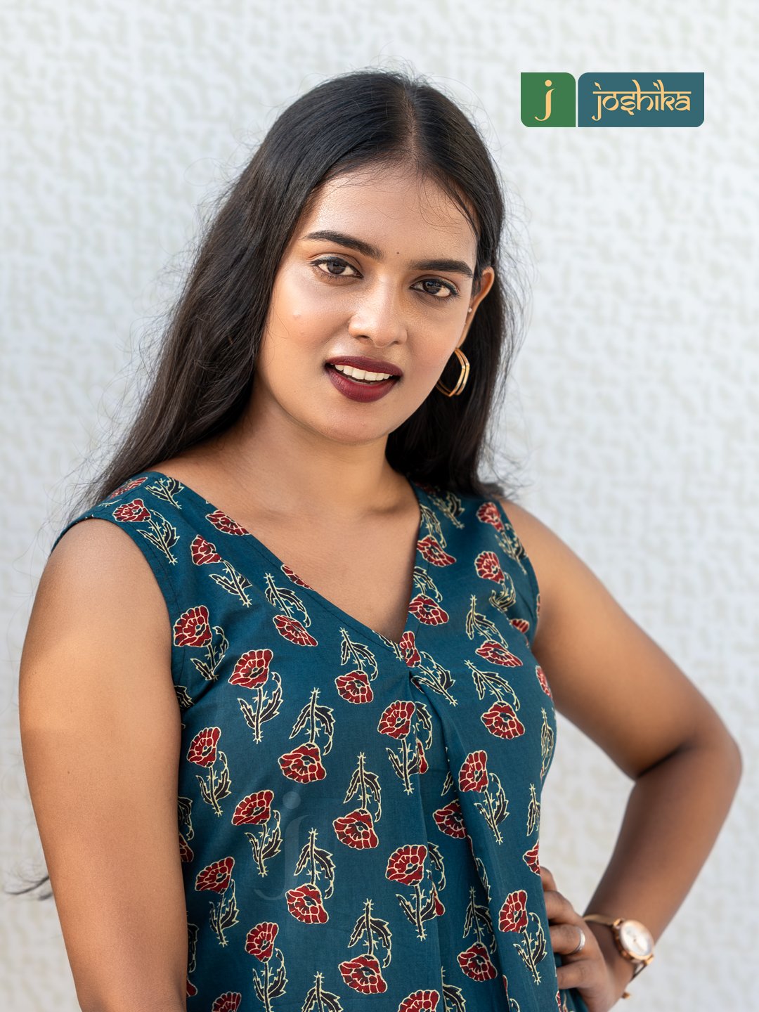 Teal Floral Print Sleeveless Cotton Midi Dress - Image 6