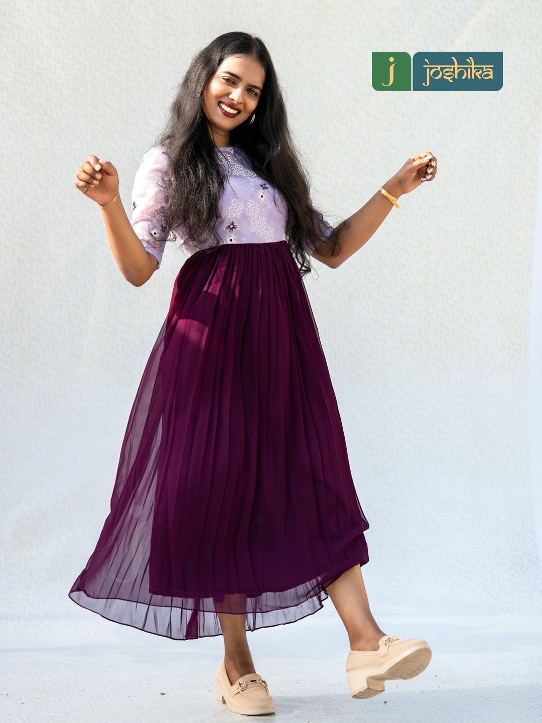 Floral Organza & Pleated Georgette Midi Kurta