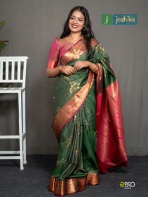 Elegant Forest Green Silk Saree with Pink Gold Zari Border
