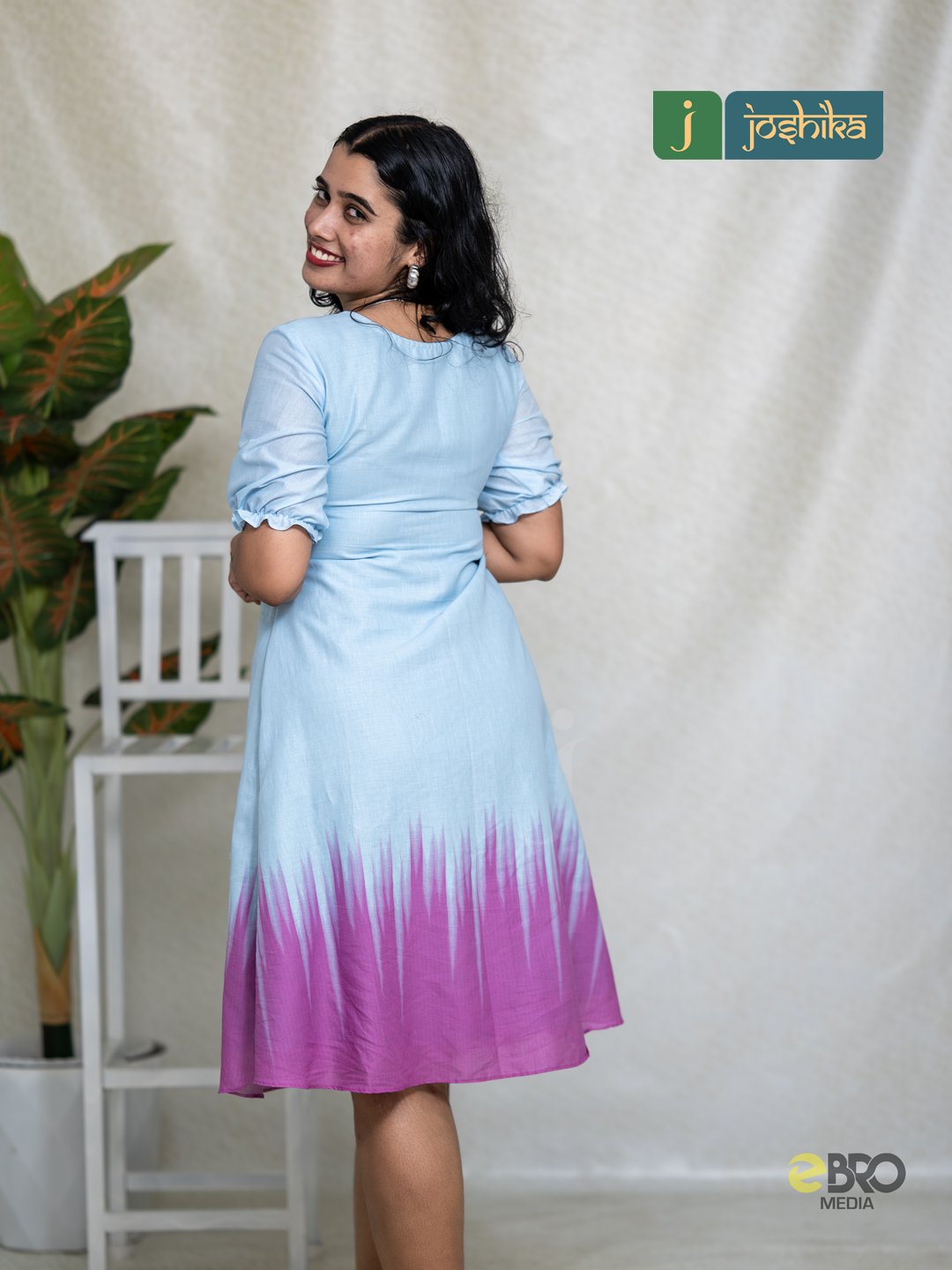 Sky Blue & Magenta Button-Down Cotton Dress - Image 3