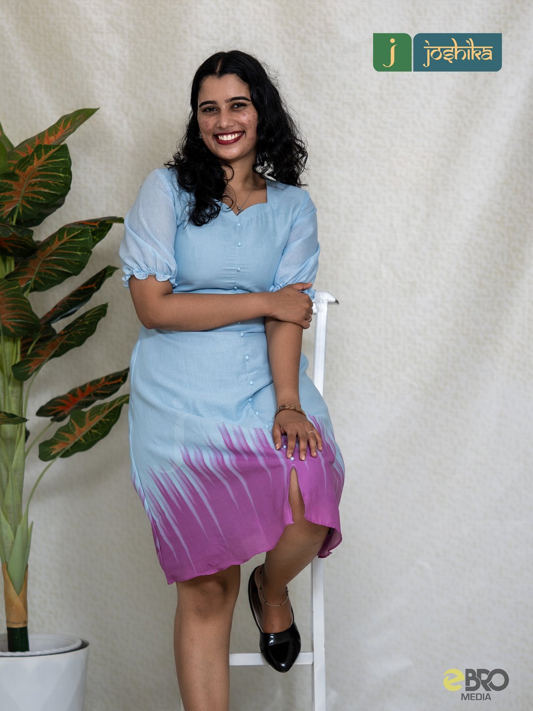 Sky Blue & Magenta Button-Down Cotton Dress - Image 5