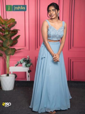 Midnight Elegance Premium Party Wear Skirt & Embellished Crop Top Set - Powder Blue