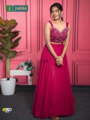Midnight Elegance Premium Party Wear Skirt & Embellished Crop Top Set - Rani Pink