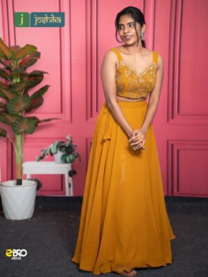 Midnight Elegance Premium Party Wear Skirt & Embellished Crop Top Set - Mustard Yellow