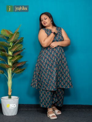 Teal Floral Printed Cotton A-Line Kurta & Pant Co-ord Set for Women