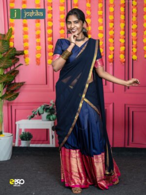 Onam Festive Navy Blue Half Saree with Rich Pink Zari Border