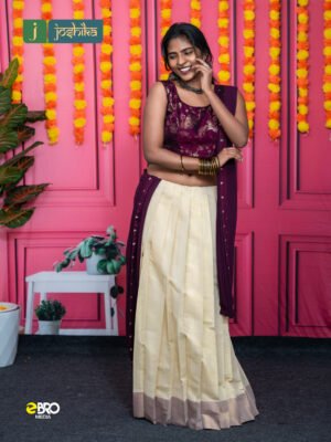 Onam Festive Premium Half Saree Set – Cream Pleated Skirt with Wine Blouse