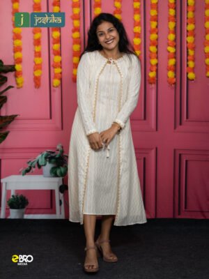 Pure Cotton Off-White Gown with Golden Embellished Overcoat