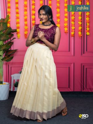 Cream Pleated Skirt with Wine Blouse