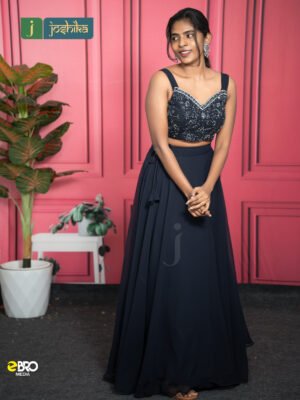 Midnight Elegance Premium Party Wear Skirt & Embellished Crop Top Set - Navy Blue