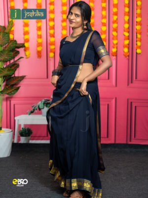 Traditional Kerala Davani with Golden Kasavu Border Navy Blue