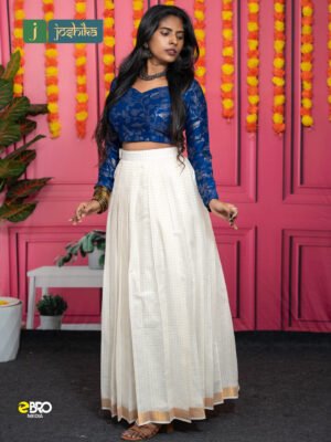 Onam Festive Ivory Checked Skirt & Royal Blue Badri Silk Top