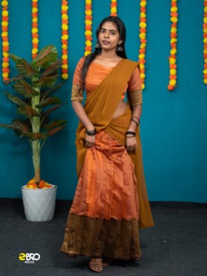 Onam Festive Cotton Dhavani Set Brick Orange