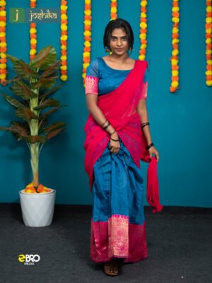Onam Festive Cotton Dhavani Set Peacoack Blue