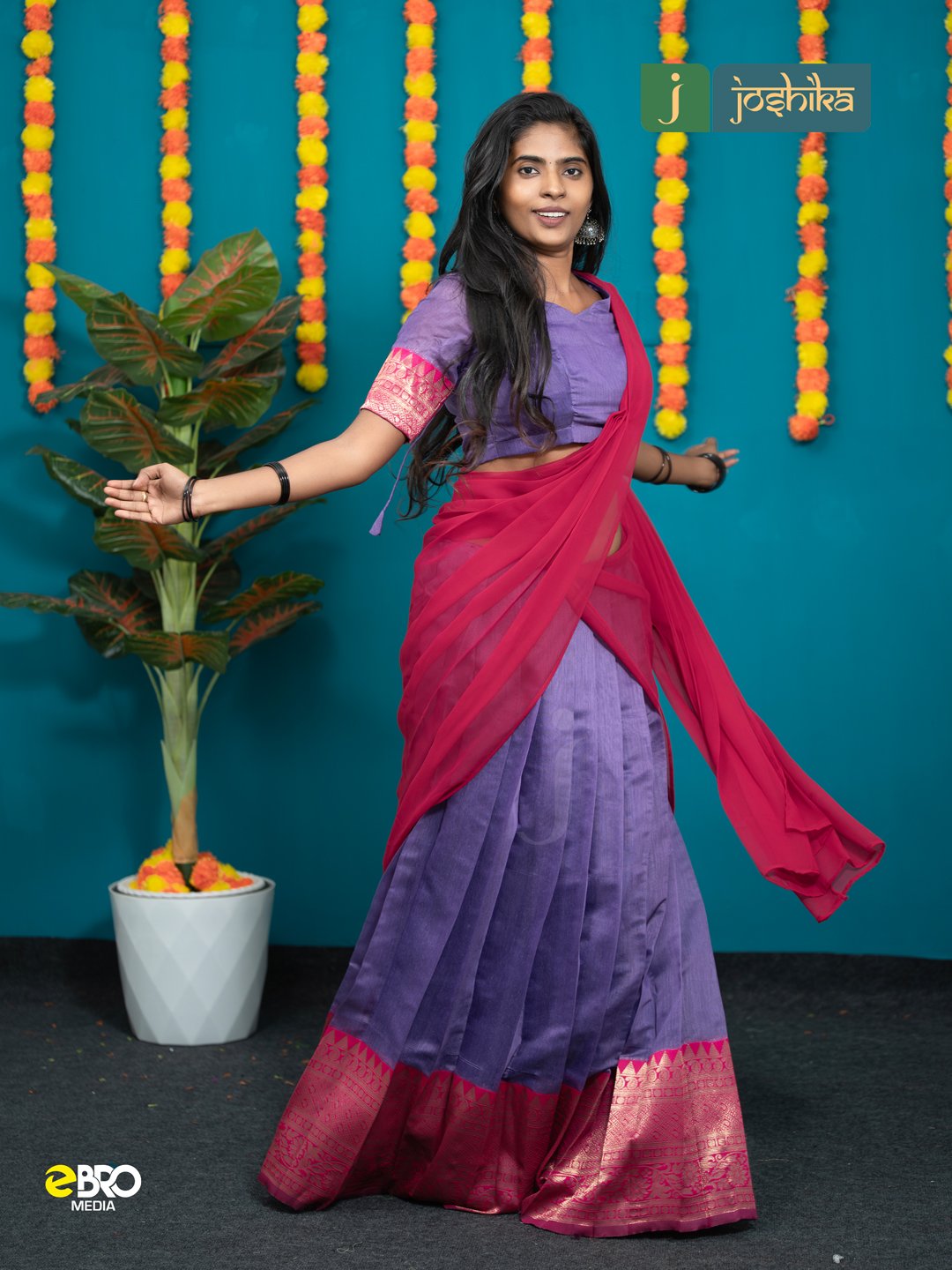 Onam Festive Cotton Dhavani Set Violet - Image 2