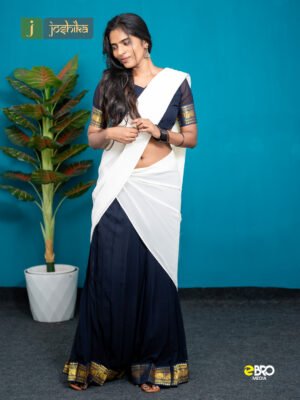 Kerala Davani with Golden Kasavu Border Navy Blue