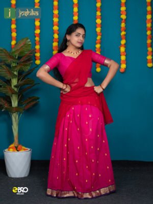Onam Festive Cotton Dhavani Set Green Rani Pink