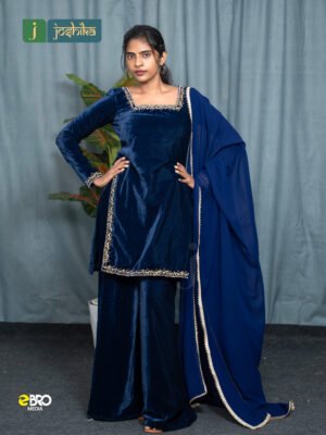 Navy Blue Velvet Kurta Palazzo Set with Embroidered Dupatta