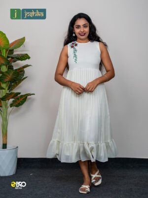 White Pleated Midi Dress with Floral Embroidery