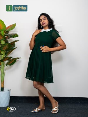 Dark Green Pleated A-Line Dress with White Collar