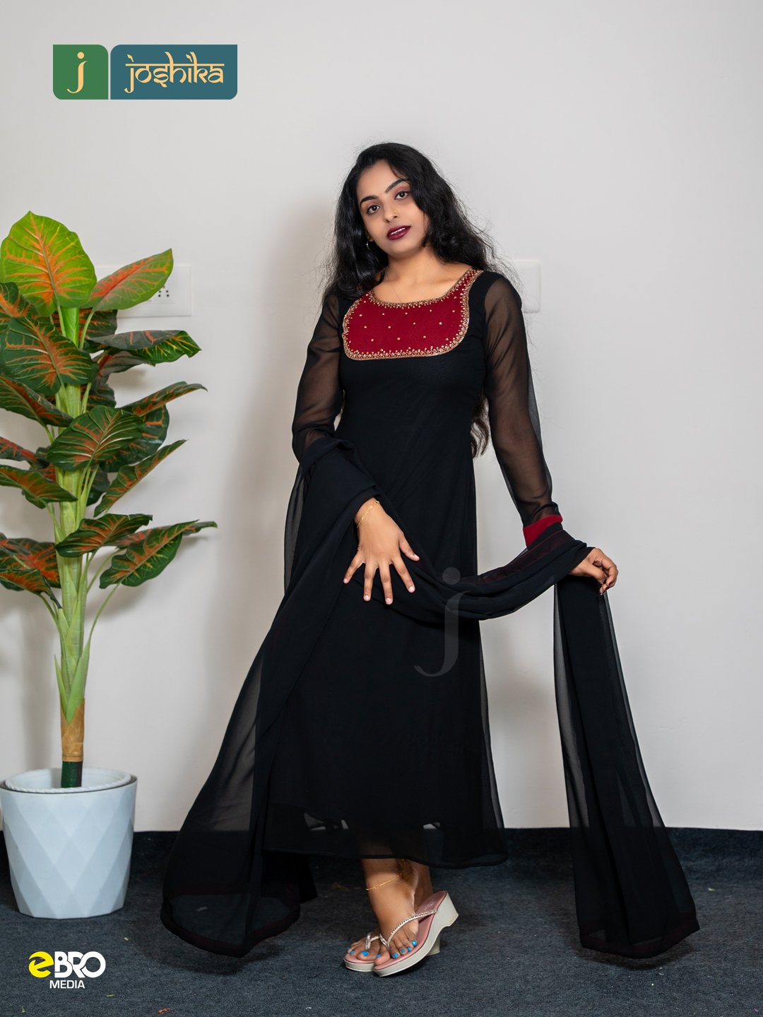 Black & Meroon Embroidered Anarkali Kurti Set with Dupatta