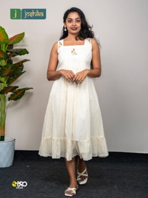 Women’s Off-White Mal Cotton Embroidered A-Line Kurta Dress