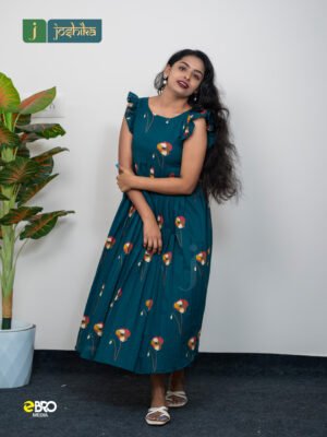 Women’s Teal Blue Printed Cotton Flared Kurta Dress with Ruffle Sleeves